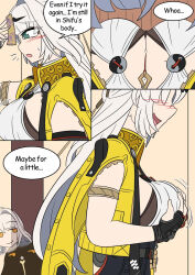  aware blush breast_fondling breasts cleavage clothed comic dialogue empty_eyes english_text eye_color_change female_pov femsub green_eyes large_breasts maledom possession pov pov_dom pov_sub speech_bubble sweat talisman text vel very_long_hair white_hair wise_(zenless_zone_zero) yellow_eyes yixuan_(zenless_zone_zero) zenless_zone_zero 