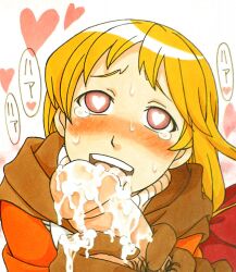 alma_beoulve analog_dn blonde_hair blush cum cum_in_mouth fellatio femsub final_fantasy final_fantasy_tactics happy_trance heart heart_eyes licking maledom open_mouth penis pubic_hair red_eyes short_hair sweat sweater symbol_in_eyes tears tongue tongue_out