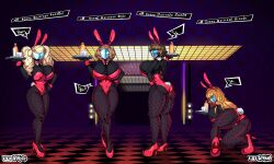 ann_takamaki ass assimilation bunny_girl bunnysuit captainkirb corruption enemy_conversion femsub futaba_sakura haru_okumura latex looking_back makoto_niijima mask persona_(series) persona_5 shadow_(persona) shadow_bunny standing text transformation waitress