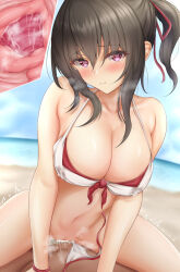  bikini black_hair blush bottomless breasts character_request cleavage collarbone embarrassed erect_nipples expressionless femsub heart heart_eyes huge_breasts maledom original penis pink_eyes pov pov_dom pussy_juice ribo_deer short_hair smile symbol_in_eyes x-ray 