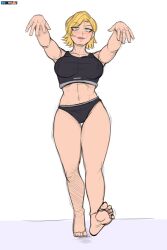  27lsd absurdres barefoot blonde_hair breasts feet female_only femsub happy_trance kuina_sazanami large_breasts open_mouth panties short_hair simple_background spiral_eyes symbol_in_eyes tank_top tougen_anki zombie_walk 