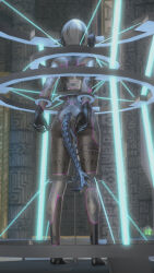 3d ass au_ra ausar ball_gag bodysuit boots crotch_cutout crotch_tattoo cuffs fake_tail female_only femsub final_fantasy final_fantasy_xiv gloves grey_hair qos restrained see-through sex_machine short_hair solo tattoo vaginal