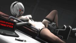  3d animated animated_gif breasts corruption female_only femsub glowing glowing_eyes grey_hair large_breasts legoguy9875 nier_automata nipples open_mouth red_eyes sex_machine short_hair source_filmmaker tech_control text virus yorha_no._2_type_b 