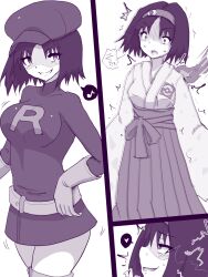  before_and_after breasts comic corruption empty_eyes enemy_conversion erika_(pokemon) evil_smile female_only femsub ghost greyscale happy_trance hat large_breasts nintendo pokemon pokemon_firered_and_leafgreen possession reia short_hair smile solo team_rocket 