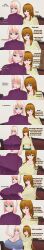  absurdres blonde_hair brown_eyes brown_hair calusteri closed_eyes clothed consensual dialogue empty_eyes english_text expressionless female_only femdom femsub green_eyes huge_breasts multiple_girls original short_hair sports_bra text undressing 