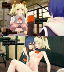  3d belle_(zenless_zone_zero) blonde_hair blue_hair breast_grab breasts burnice_white_(zenless_zone_zero) cyanstargazer empty_eyes femdom femsub koikatsu! limp orange_eyes sunglasses text twintails zenless_zone_zero 