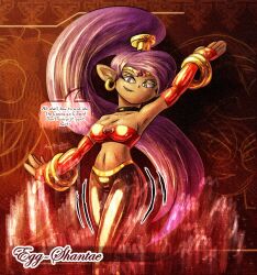 ameerashourdraws breasts cleavage corruption dancer dancing dialogue enemy_conversion evil_smile eyelashes femsub fingerless_gloves happy_trance harem_outfit latex purple_hair red_eyes shantae shantae_(series) smile sonic_the_hedgehog_(series) speech_bubble text