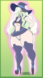 ass bimboannon bimbofication blonde_hair boots breasts diana_cavendish earrings femsub green_lipstick hat high_heels jewelry large_ass large_lips lipstick little_witch_academia long_hair long_nails smile thick_thighs thighs thong underboob witch witch_hat