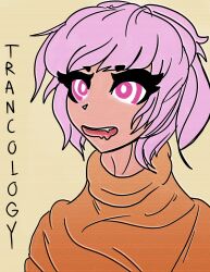 absurdres character_request drool fangs femsub happy_trance open_mouth pink_eyes pink_hair ring_eyes saiminchan short_hair solo sweater text