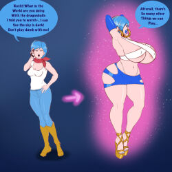  bare_legs before_and_after bimboannon bimbofication blue_hair blue_lipstick brain_drain breast_expansion breasts bulma_briefs dialogue dragon_ball dragon_ball_super dragon_ball_z earrings erect_nipples female_only femsub high_heels huge_ass huge_breasts jeans jewelry large_breasts large_lips lip_expansion lipstick puckered_lips sandals scarf solo t-shirt text transformation 