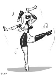  bodysuit breasts cangkulretak dancing eye_mask female_only gloves greyscale happy_trance high_heels jester latex music original signature simple_background smile solo white_background white_hair 