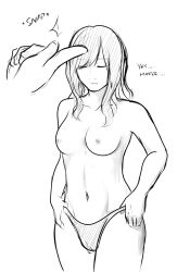 breasts closed_eyes etlabsotwe expressionless female_only femsub finger_snap greyscale long_hair original sketch text topless underwear undressing white_background