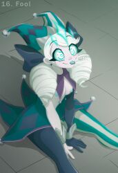 alternate_costume disguised_hypnotist gwen_(league_of_legends) happy_trance hypnovember jester league_of_legends nipples ring_eyes ruination sitting tagme text tongue_out twin_braids white_hair