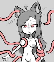 ahoge animal_ears breasts drool female_only femsub gloves grey_background greyscale kaede_(skecchyartist) long_hair nude open_mouth original pink_eyes pussy simple_background skecchyartist tentacle_in_ear tentacles wolf_girl