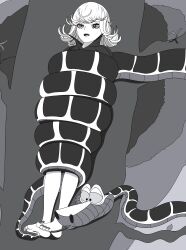 absurdres barefoot bondage coils disney feet femsub forked_tongue greyscale hanging_down kaa kaa_eyes long_tongue maledom monochrome one_punch_man restrained rubio515 short_hair snake tatsumaki_(one_punch_man) the_jungle_book tickling tongue tongue_out trees