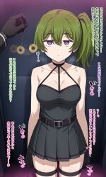 ai_art bangs bare_shoulders belt belted_skirt breasts choker coin dialogue dress empty_eyes expressionless femsub frieren:_beyond_journey&#039;s_end garter gloves green_hair japanese_text looking_at_viewer maledom pendulum pov pov_dom side_ponytail sirouto1175_(generator) skirt spiral_eyes standing standing_at_attention ubel_(frieren:_beyond_journey&#039;s_end)