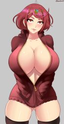 absurdres blush breasts cleavage empty_eyes female_only femsub huge_breasts icontrol_(manipper) jacket manip nintendo open_clothes pendulum pyra_(xenoblade) red_hair short_hair solo sowilo thighhighs xenoblade_chronicles xenoblade_chronicles_2
