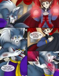  akuoreo animal_ears blood brown_hair capcom claws clothed comic darkstalkers defeated demitri_maximoff dialogue elf_ears english_text flower glowing hypnotic_flower jon_talbain maledom malesub red_eyes short_hair shrunken_irises slit_pupils speech_bubble surprised tail text vampire werewolf werewolf_boy wounds yellow_eyes 