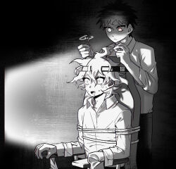  bondage brain_injection chair dangan_ronpa dazed drool eyebrows_visible_through_hair eyes_held_open greyscale hajime_hinata heterochromia hypnotic_video lobotomy male_only maledom malesub monochrome multiple_boys nagito_komaeda needle open_mouth restrained rope sitting smallix standing tagme tech_control unfocused_eyes 