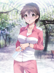  blush breasts brown_hair cleavage collarbone comic empty_eyes female_only femsub happy_trance huge_breasts jacket kaiga kirigami_aori pants saimin_appli_ver._666 short_hair smile solo spiral teacher thick_thighs 