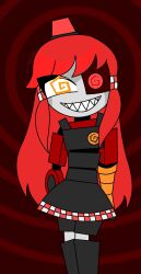  female_only femsub hair_clips happy_trance hypnoscream long_hair looking_at_viewer mimi_sentry orange_eyes pov_dom red_background red_eyes red_hair ring_background robot robot_girl sharp_teeth shiny_hair skirt smile solo spiral_eyes standing symbol_in_eyes team_fortress_2 thighs 