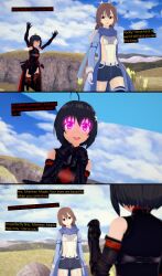 3d accidental_hypnosis armor black_hair brown_eyes brown_hair cyanstargazer empty_eyes expressionless female_only femdom femsub gameplay_mechanics glowing_eyes honjou_kaede hypnotic_eyes i_hate_getting_hurt_so_i_put_all_my_skill_points_into_defense koikatsu! scarf shiramine_risa text