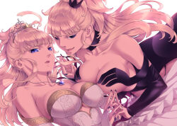 black_eyes blonde_hair blue_eyes breast_press breasts choker cleavage corruption dress dual_persona empty_eyes eye_color_change femsub himeno_nonaka holding_hands large_breasts long_hair looking_at_viewer maybe nail_polish official official_art open_mouth ring staff tales_of_wedding_rings