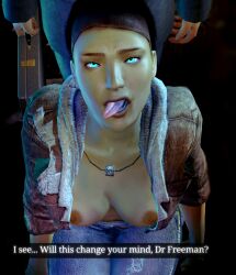  3d age_difference ahegao alyx_vance black_hair blue_eyes cleavage collarbone dialogue erect_nipples expressionless femsub g-man glowing_eyes half-life_2 half-life_alyx jeans large_breasts lilgayboy73 maledom necklace open_clothes open_mouth open_shirt short_hair source_filmmaker text tongue_out valve 