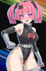  belt black_hair blush boots breasts coral_(pokemon) corruption erect_nipples fangs female_only femsub gloves glowing glowing_eyes happy_trance leotard multicolored_hair nintendo nun_(artist) pink_hair pokeball pokemon pokemon_(anime) short_hair solo sweat team_rocket tongue tongue_out twintails 
