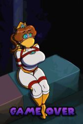  animated arms_behind_back bad_end blue_eyes blush bodysuit boots breath crown emblem english_text eyebrows_visible_through_hair face_mask female_only femsub gameplay_mechanics jewelry kaa_eyes large_breasts long_hair magic nintendo orange_hair ponytail princess_daisy restrained rope shibari solo spoggers staff super_mario_bros. sweat text video wide_hips 