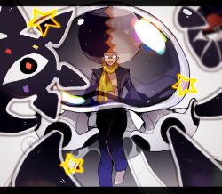 afro alternate_costume androgynous_dom black_hair clothed corruption earrings hair_color_change janeluart jellyfish levitation looking_at_viewer malesub miror_b. multicolored_hair nihilego nintendo open_clothes open_shirt parasite pokeball pokemon pokemon_(creature) pokemon_colosseum pokemon_sun_and_moon possession red_eyes scarf slit_pupils symbol tentacles white_hair