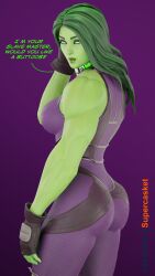 3d blender bodysuit collar female_only femsub green_hair green_skin long_hair marvel_comics she-hulk super_hero supercasket tech_control text western