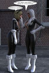 3d black_cat blonde_hair corruption dialogue felicia_hardy female_only femdom femsub gwen_stacy high_heels marvel_comics mask spider-gwen super_hero text theheckle white_hair