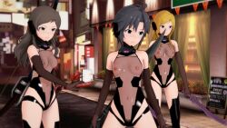  3d ahoge black_hair blonde_hair boots bow_(weapon) brown_hair character_request collar empty_eyes erect_nipples erect_nipples_under_clothes expressionless female_only femsub fishnets gloves high_heels koikatsu! large_breasts latex leotard long_hair microphone multiple_girls multiple_subs navel opera_gloves pubic_hair rubber see-through short_hair small_breasts standing sword thigh_boots thighhighs weapon wwww. yellow_eyes 