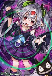 bare_shoulders crystal demon_girl elf_ears female_only fuji_tarawi gloves grey_hair hoodie horns hypnosister jacket looking_at_viewer navel pale_skin pendulum pov_sub red_eyes short_hair short_skirt skirt slit_pupils small_breasts smile smug solo spiral_background tail third_eye trancefamiliar yu-gi-oh!