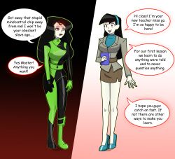 before_and_after black_hair dialogue empty_eyes femsub happy_trance hy2300 kim_possible_(series) long_hair microchip shego text