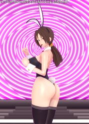  3d ass bow_tie breasts brown_hair bunny_ears bunny_girl bunnysuit cuffs digimon empty_eyes fake_animal_ears fake_tail female_only femsub grey_eyes happy_trance huge_ass large_breasts latinkaixa long_hair looking_at_viewer looking_back milf ponytail sideboob signature smile spiral spiral_background standing yuuko_kamiya 