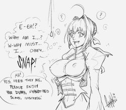  ahoge breasts confused dazed dialogue dress drool english_text fate/extra fate/extra_ccc fate/grand_order fate_(series) female_only femdom femsub finger_snap gmun greyscale happy_trance large_breasts monochrome nero_claudius_caesar_augustus_germanicus_(fate) open_clothes open_mouth pendulum ribbon speech_bubble text trigger undressing 