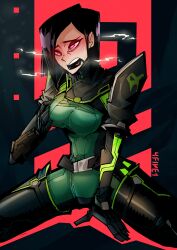  4five1 absurdres armor belt black_hair bodysuit breast_fondling clothed female_only femsub heart_eyes holding_breasts kneeling open_mouth short_hair simple_background sitting solo spread_legs steam symbol_in_eyes thighhighs unhappy_trance valorant viper_(valorant) 