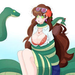 a_singular_fish blush bra brown_hair cleavage coils earrings female_only femsub flower_in_hair kaa_eyes large_breasts legs long_hair natsu_kashii necklace open_mouth open_shirt restrained simple_background sitting skirt snake sparkle sunglasses t-shirt virtual_youtuber