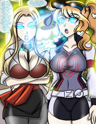 absurdres blonde_hair breasts cleavage female_only femdom femsub large_breasts litwick long_hair nintendo oleana_(pokemon) open_mouth pokemon pokemon_sword_and_shield sonia_(pokemon) spiral_eyes symbol_in_eyes text zorro-zero