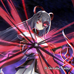  black_hair corruption exosister_mikailis eye_color_change femsub gloves glowing_eyes hair_color_change long_hair looking_at_viewer orb possession red_eyes shitake_kaden super_starslayer_ty-phon_-_sky_crisis tagme weapon yu-gi-oh! 