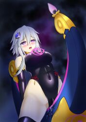  absurdres alternate_costume bangs bare_shoulders blush breasts control_indicator corruption crotch_rub empty_eyes enemy_conversion female_only femsub gloves hachina hair_ornament hypnotic_fire kanpan_ame large_breasts leotard masturbation multicolored_eyes open_mouth opera_gloves original purple_eyes pussy_juice solo symbol tears thighhighs white_hair 