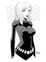 black_widow breasts empty_eyes expressionless female_only femsub greyscale large_breasts leotard lipstick long_hair marvel_comics shono solo super_hero white_background