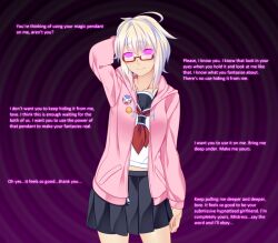  ahoge aliensdideverything_(manipper) assertive_sub aware blonde_hair clothed collarbone consensual dialogue female_only female_pov femdom femsub glasses glowing glowing_eyes hand_on_head happy_trance hoodie manip pink_eyes pov_dom ribbon school_uniform short_hair skirt smile solo spiral spiral_background spiralwash_eyes standing text white_hair zipper 
