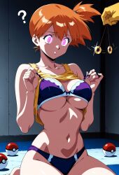    ai_art azathothai_(generator) bra breasts confused femsub glowing_eyes hypno kneeling light_skin misty nintendo orange_hair pendulum pokeball pokemon purple_eyes short_hair underboob underwear undressing 