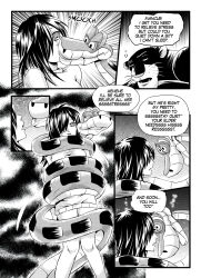  bagheera black_hair coils comic dialogue disney hair_covering_one_eye happy_trance kaa kaa_eyes kissing long_hair monochrome nilanandita original panther sleeping snake speech_bubble spit_trail sweater text the_jungle_book 