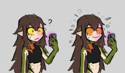 before_and_after brown_hair cell_phone crocodile_girl earrings female_only femsub green_skin grey_background happy_trance hypnotic_screen kairyu_crocodile long_hair orange_hair original scales simple_background skecchyartist spiral spiral_eyes spiralwash_eyes tank_top tech_control very_long_hair virtual_youtuber yellow_eyes