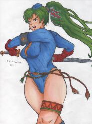  arm_bands bare_legs capcom corruption earrings female_only femsub fire_emblem fire_emblem_the_blazing_blade gauntlets gloves green_hair hat leotard long_hair lyndis military_hat nintendo piercing ponytail red_eyes shadaloo_dolls simple_background solo street_fighter sword tie traditional victoriamikoto weapon white_background 