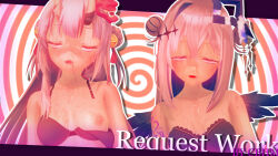  3d ayame_nakiri bare_shoulders blue_hair bra cbhm clothed drool english_text erect_nipples female_only femsub glowing hair_buns hair_ornament heart_tattoo hololive horns kanata_amane koikatsu! multiple_girls multiple_subs nipples simple_background spiral spiral_background sweat tattoo text underwear unfocused_eyes white_hair 